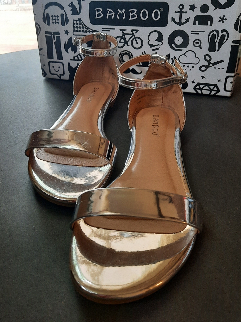 🎋Bamboo🧧🤍CHROME🔗⛓️Adorbs Metallic Silver Ankle-Strap Flat Sandals